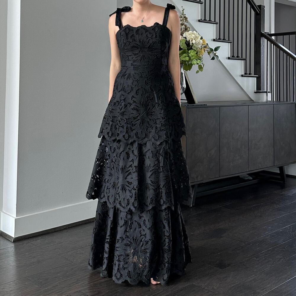 MESTIZA Cataleya Lace Floral Eyelet Tie Straps Black Midi Dress Sample